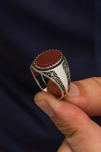 Oval Akik Taşlı  925 Gümüş Erkek Yüzük - Resim 3