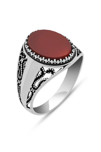Oval Akik Taşlı  925 Gümüş Erkek Yüzük - Resim 2
