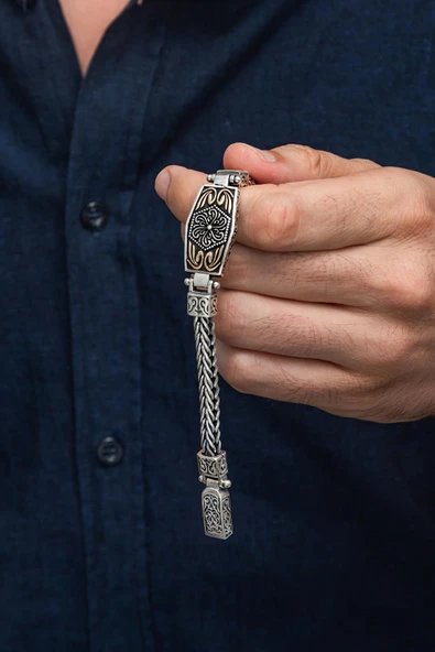 Yeni Tasarım Elişi 925 Ayar Gümüş Erkek Bileklik - 4