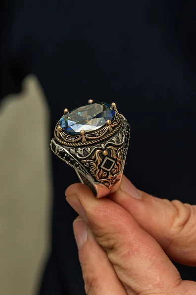 Oval Mistik Topaz Taşlı 925 Erkek Gümüş Yüzük ürün görseli