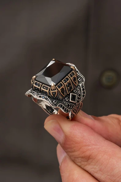 Siyah Zirkon Taşlı 925 Erkek Gümüş Yüzük - Resim 3