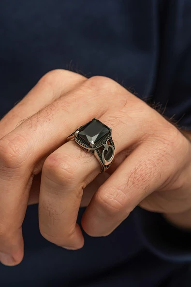 Siyah Taşlı Ayyıldız Motifli 925 Erkek Gümüş Yüzük - Resim 4