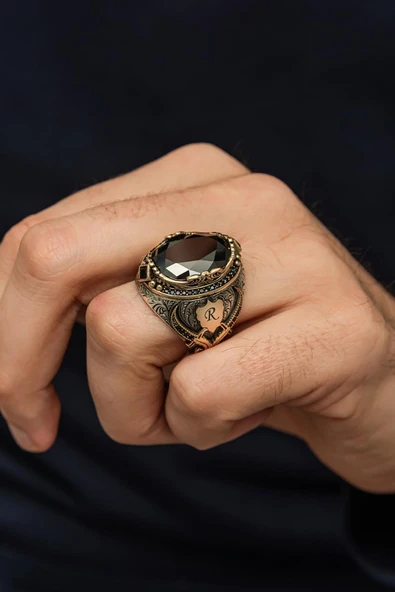 Siyah Taşlı Harfli 925 Erkek Gümüş Yüzük ürün görseli