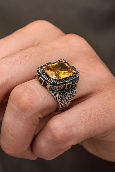 Sarı Zirkon Taşlı Dikdörtgen 925 Erkek Gümüş Yüzük - Resim 4
