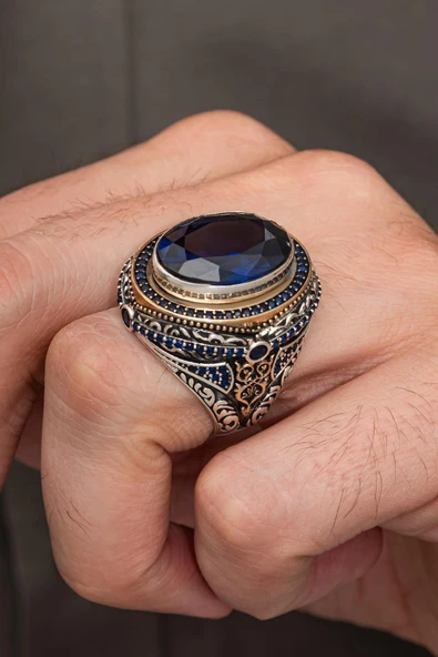 Oval Lacivert Taşlı 925 Erkek Gümüş Yüzük ürün görseli