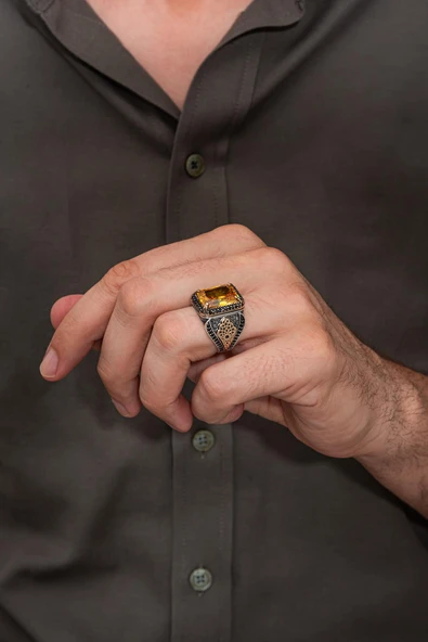 Sarı Zirkon Taşlı 925 Erkek Gümüş Yüzük - Resim 3