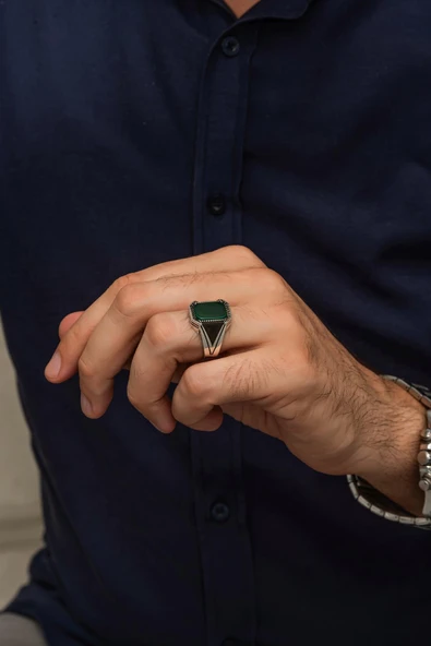 Yeşil Akik Taşlı 925 Gümüş Erkek Yüzük - Resim 5