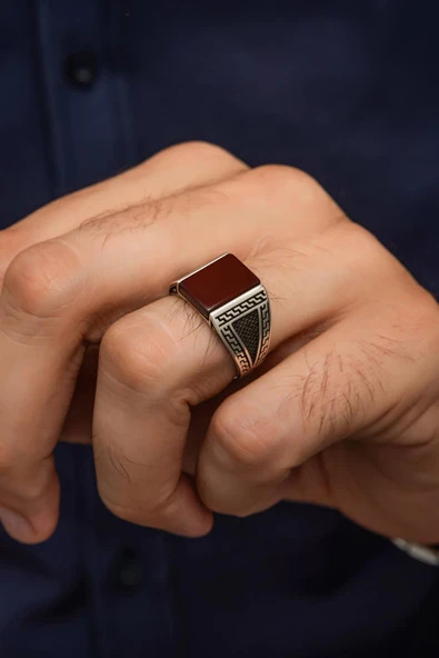 Akik Taşlı Grek Motifli 925 Gümüş Erkek Yüzük - Resim 5