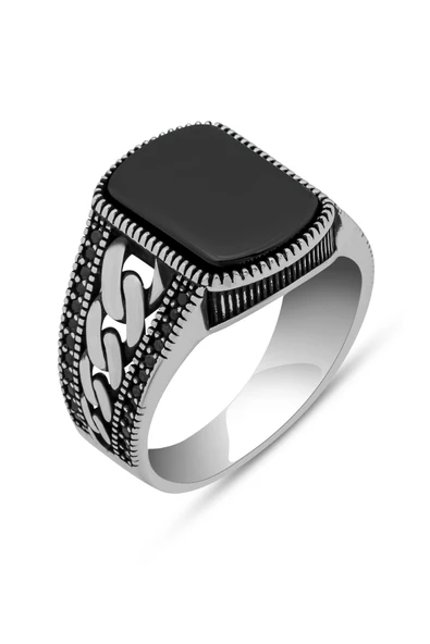 Siyah Oniks Taşlı Gurmet Zincir Motifli 925 Erkek Gümüş Yüzük - Resim 2