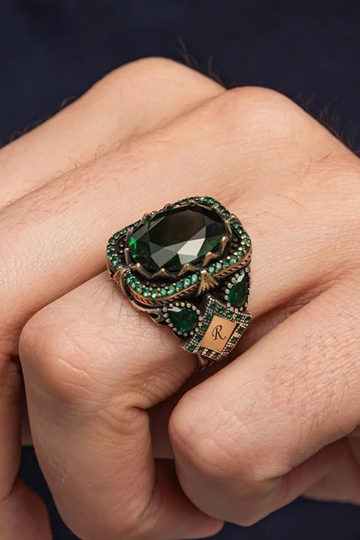 Yeşil Taşlı Harfli 925 Erkek Gümüş Yüzük ürün görseli