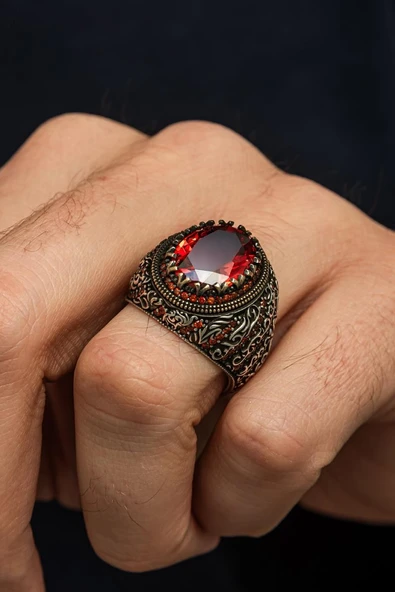 Oval Kırmızı Taşlı 925 Erkek Gümüş Yüzük - Resim 4