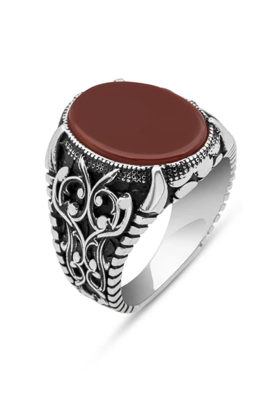 Oval Akik Taşlı  925 Gümüş Erkek Yüzük - Resim 2