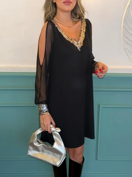 Kadın Siyah Uzun Kollu Kollar Tül Yırtmaçlı V Yakalı Kısa Krep Elbise - Resim 5
