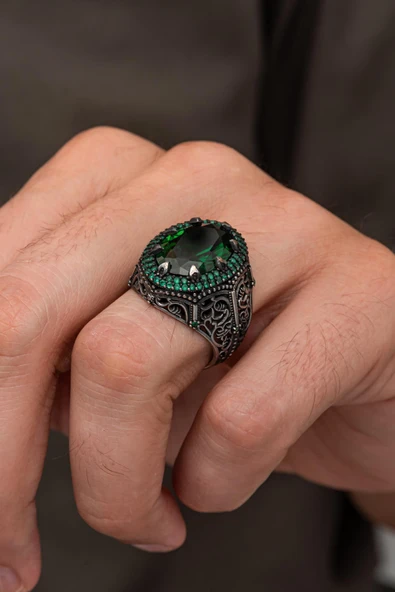 Oval Yeşil Taşlı 925 Erkek Gümüş Yüzük - Resim 3