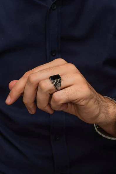 Siyah Oniks Taşlı 925 Gümüş Erkek Yüzük - Resim 3