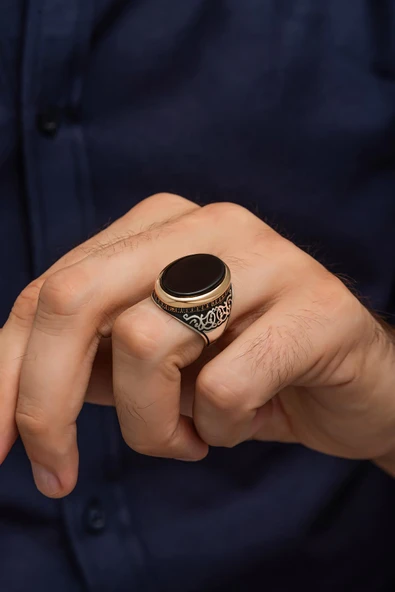 Oval Siyah Oniks Taşlı 925 Erkek Gümüş Yüzük - Resim 4