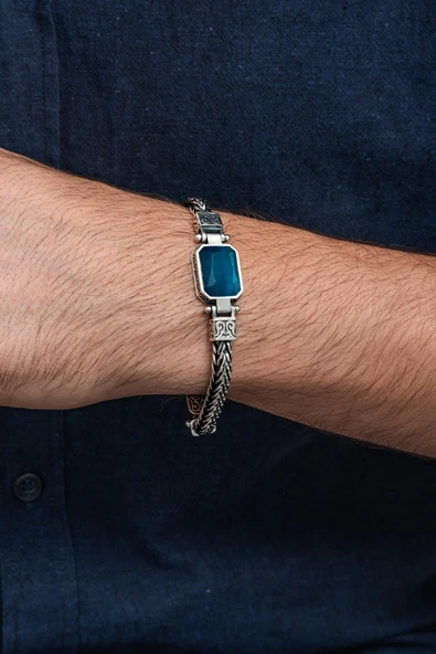 Mavi Taşlı 925 Ayar Gümüş Erkek Bileklik - 2