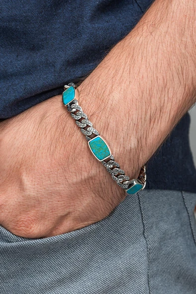 Firuze Taşlı Gurmet 925 Ayar Gümüş Erkek Bileklik Künye