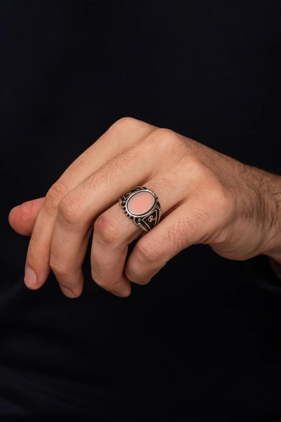 Akik Taşlı Harfli 925 Erkek Gümüş Yüzük - Resim 5