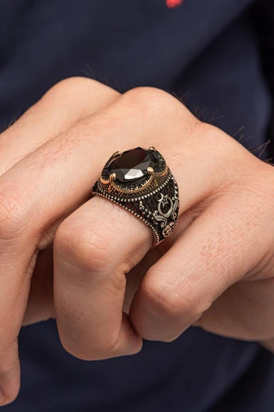 Ayyıldız Desenli SiyahTaşlı 925 Erkek Gümüş Yüzük - Resim 5