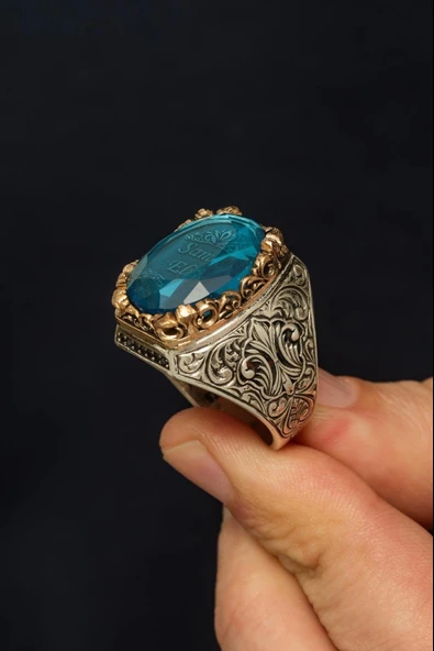 Kişiye Özel İsimli Mavi Taşlı 925 Gümüş Erkek Yüzük - Resim 9