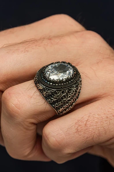 Oval Zirkon Beyaz Taşlı 925 Erkek Gümüş Yüzük ürün görseli