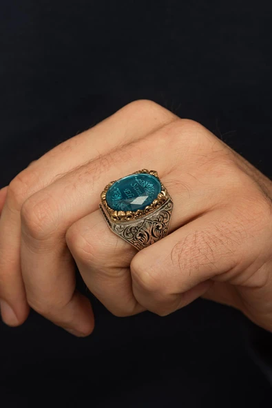 Kişiye Özel İsimli Mavi Taşlı 925 Gümüş Erkek Yüzük - Resim 4