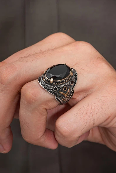 Siyah Zirkon Taşlı Oval 925 Erkek Gümüş Yüzük - Resim 2