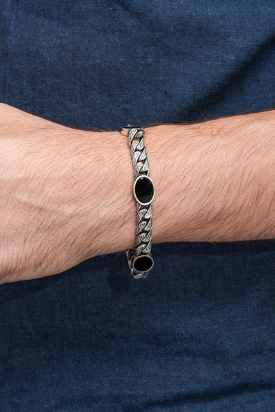 Siyah Oniks Taşlı Gurmet 925 Ayar Gümüş Erkek Bileklik - 7