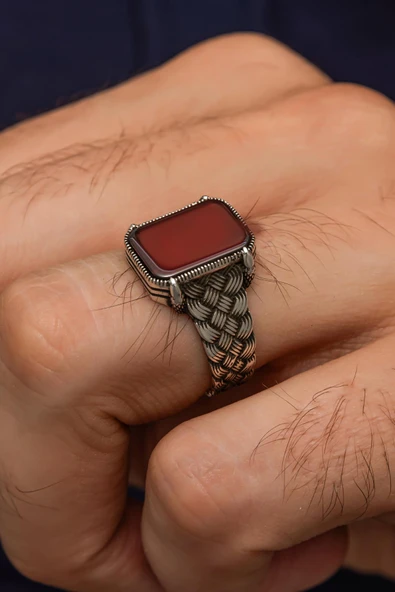 Kare Akik Taşlı Kazaz Örgü Motif 925 Gümüş Erkek Yüzük ürün görseli