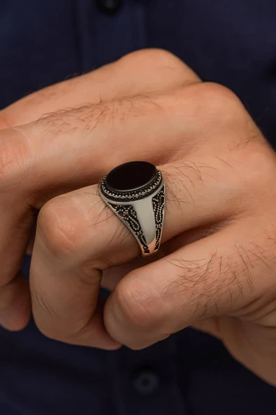 Oval Siyah Oniks Taşlı  925 Gümüş Erkek Yüzük ürün görseli