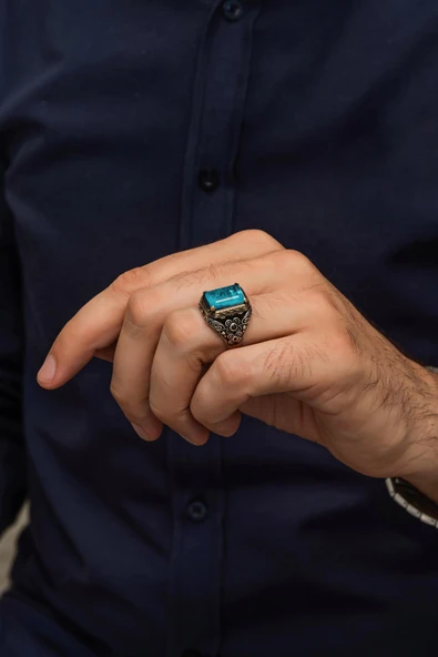 Mavi  Paraiba Taşlı Kare 925 Gümüş Erkek Yüzük - Resim 4