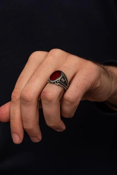 Akik Taşlı Harfli 925 Erkek Gümüş Yüzük - Resim 4