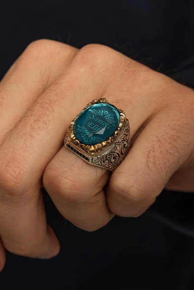 Kişiye Özel İsimli Mavi Taşlı 925 Gümüş Erkek Yüzük ürün görseli