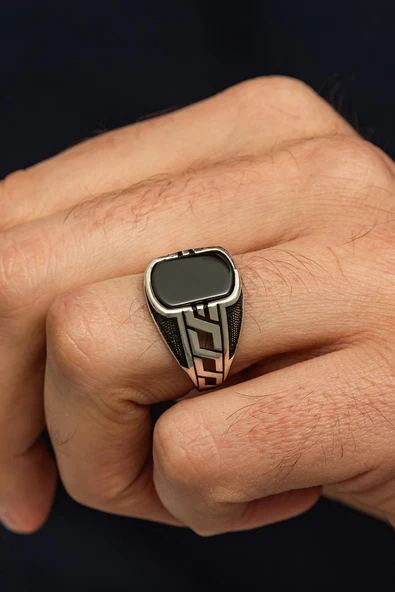 Siyah Oniks Taşlı Grek 925 Erkek Gümüş Yüzük - Resim 5