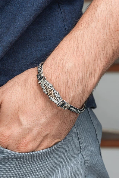 Yeni Tasarım Elişi 925 Ayar Gümüş Erkek Bileklik - 7