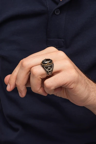 Ayyıldız Desenli SiyahTaşlı 925 Erkek Gümüş Yüzük - Resim 4