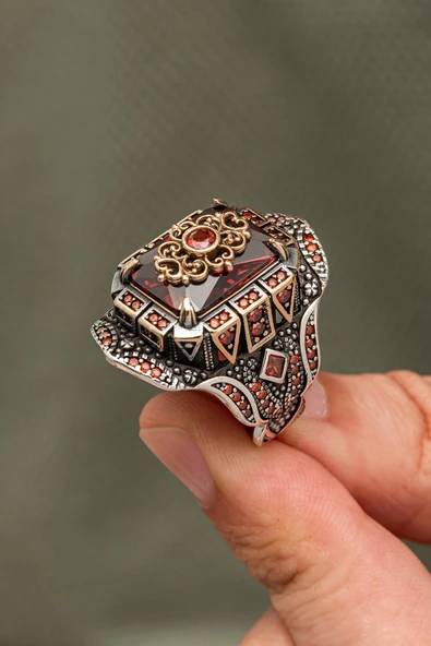 Kırmızı Taşlı Çiçek Motifli 925 Erkek Gümüş Yüzük - Resim 3