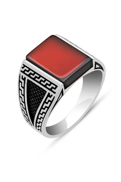 Akik Taşlı Grek Motifli 925 Gümüş Erkek Yüzük - Resim 2