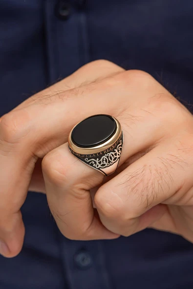 Oval Siyah Oniks Taşlı 925 Erkek Gümüş Yüzük ürün görseli