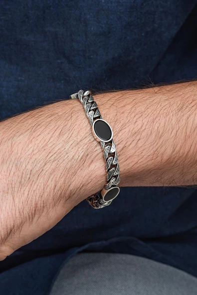 Siyah Oniks Taşlı Gurmet 925 Ayar Gümüş Erkek Bileklik - 4