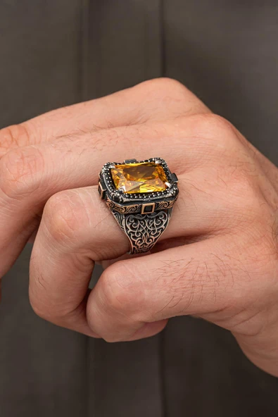 Sarı Zirkon Taşlı Dikdörtgen 925 Erkek Gümüş Yüzük - Resim 2