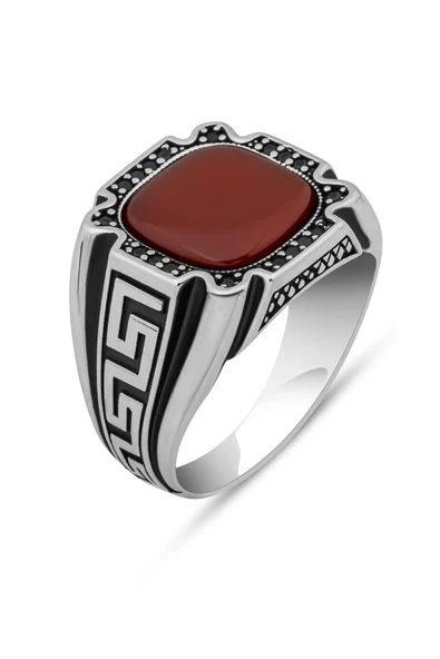 Grek Desenli Akik Taşlı 925 Erkek Gümüş Yüzük - Resim 2