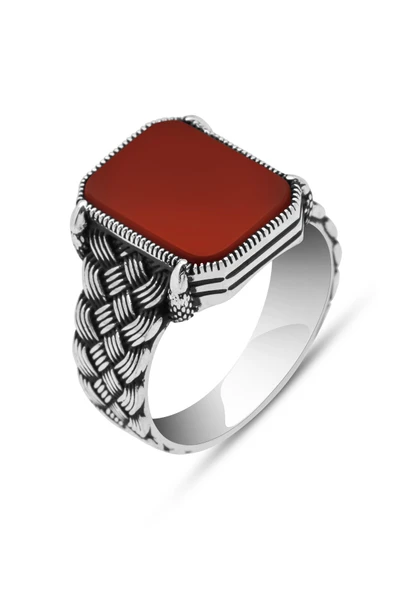 Kare Akik Taşlı Kazaz Örgü Motif 925 Gümüş Erkek Yüzük - Resim 2