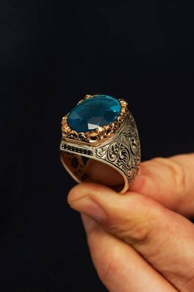 Kişiye Özel İsimli Mavi Taşlı 925 Gümüş Erkek Yüzük - Resim 6