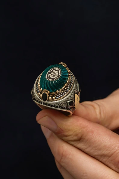 Kurt Başı Motifli Taşlı Harfli 925 Erkek Gümüş Yüzük - Resim 5