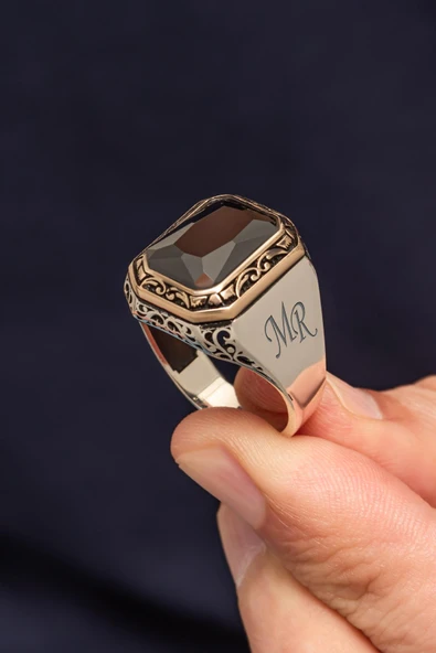 Siyah Kare Zirkon Taşlı Harfli 925 Erkek Gümüş Yüzük ürün görseli