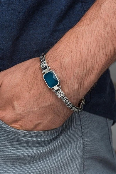 Mavi Taşlı 925 Ayar Gümüş Erkek Bileklik