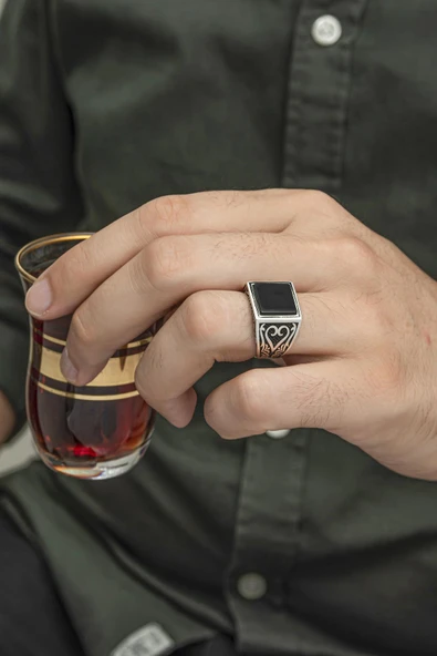 Siyah Oniks Taşlı 925 Gümüş Erkek Yüzük - Resim 8