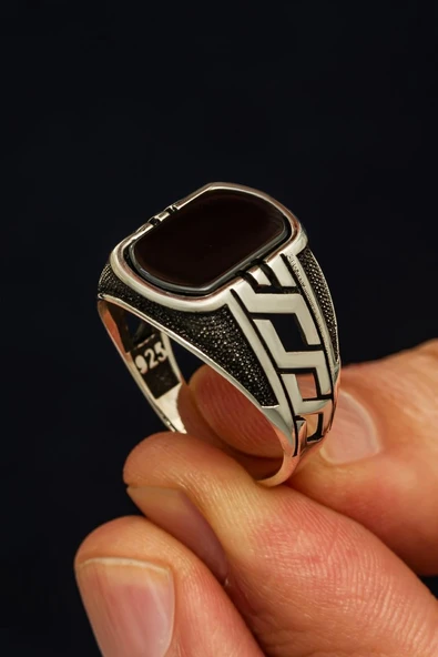 Siyah Oniks Taşlı Grek 925 Erkek Gümüş Yüzük - Resim 4
